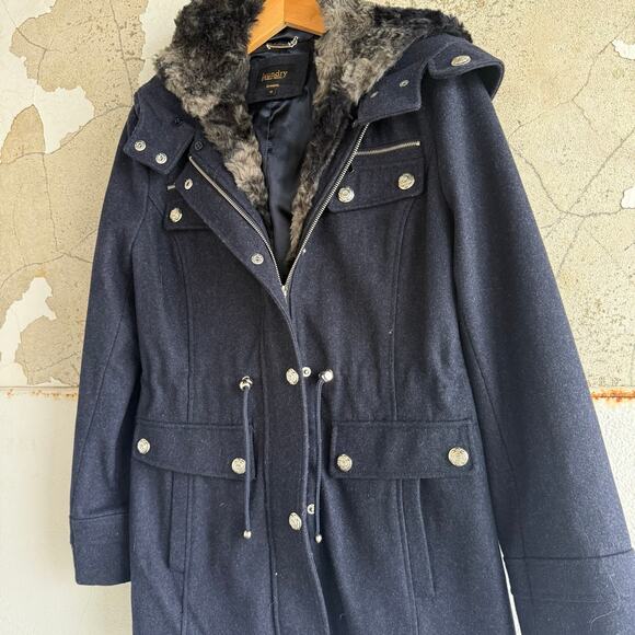 Wool Blend Parka Faux Fur Hood Navy Winter Coat Laundry by Shelli Segal Women 10 - Picture 2 of 11